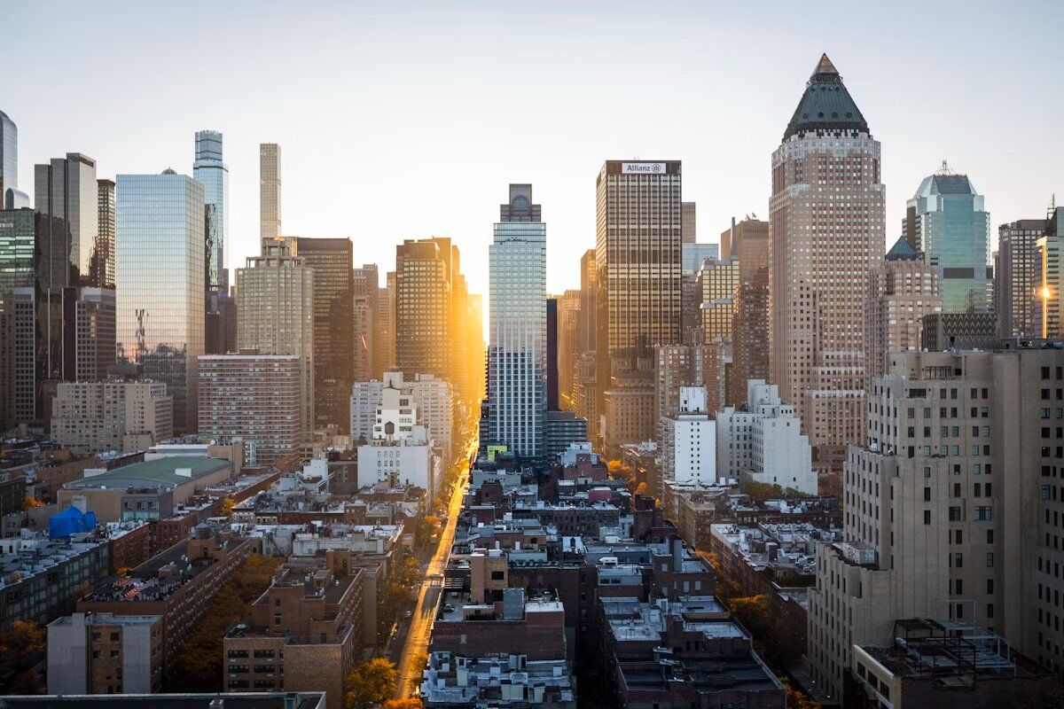 Aerial view over a cluster of city office towers