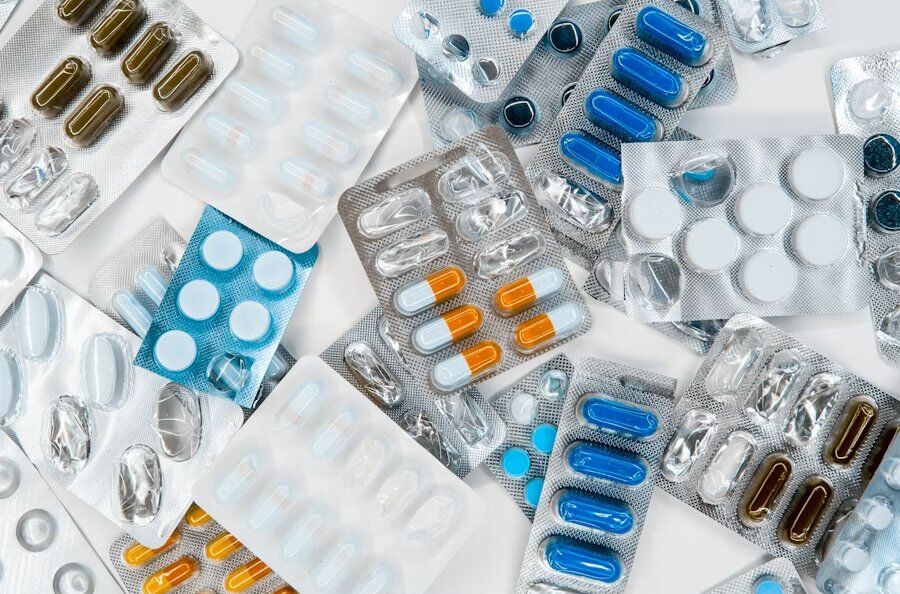 Pharmacy shelves with medication